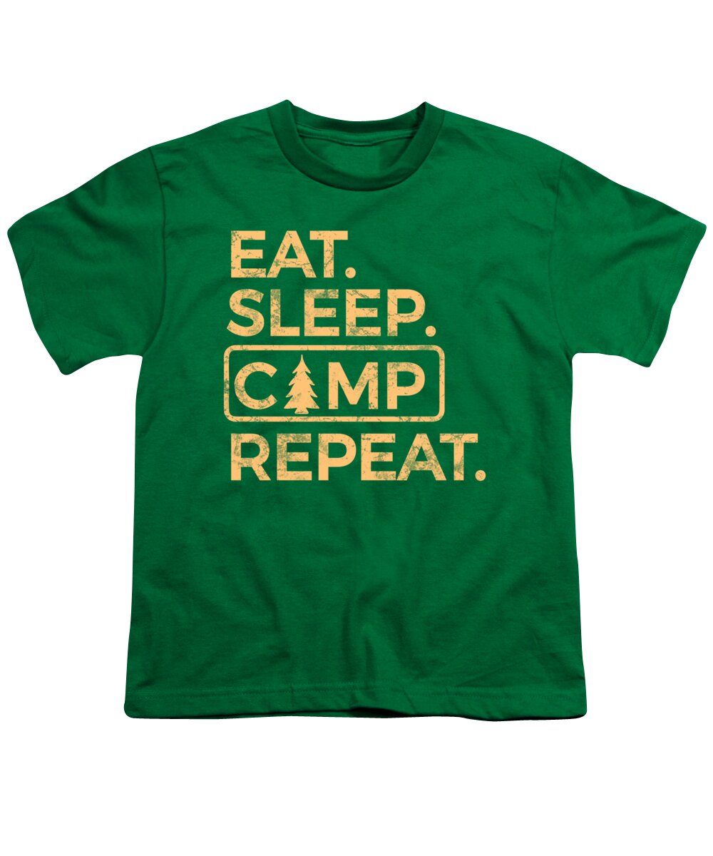 Youth graphic T-shirt in green with "Eat Sleep Camp Repeat" logo print