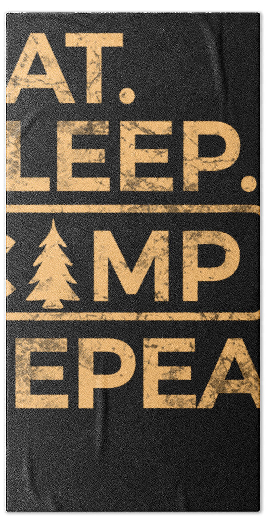 Bath towel with block typography and pine tree icon, dark with tan lettering