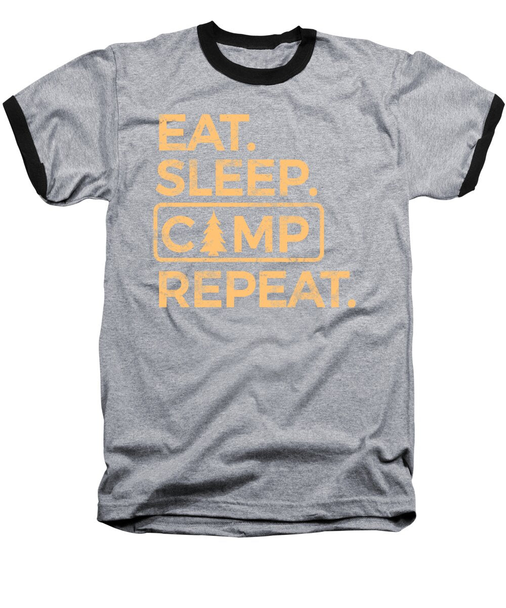 Heather gray baseball T-shirt with black raglan sleeves and orange camping graphic