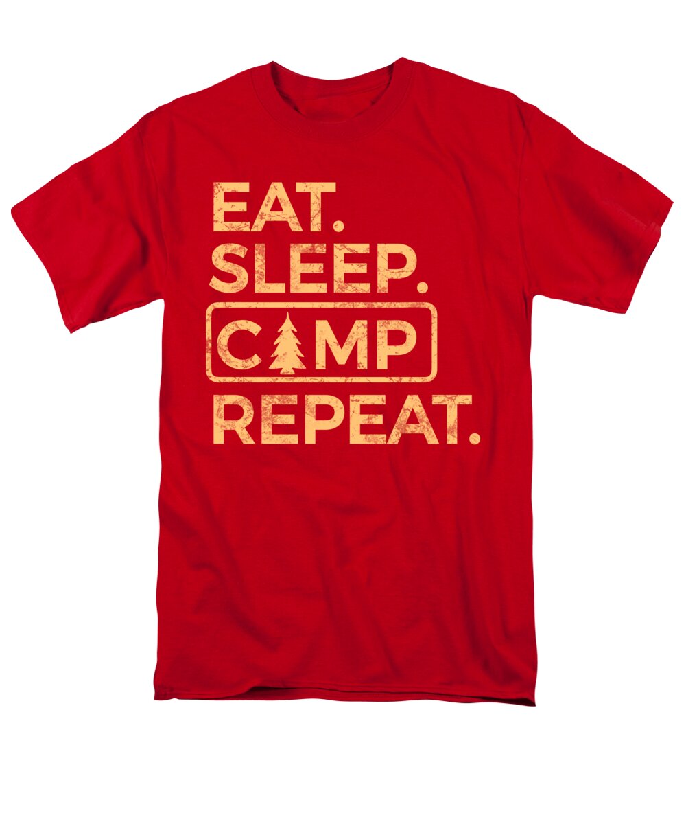 Men's red crew-neck T-shirt with Eat Sleep Camp Repeat graphic print.