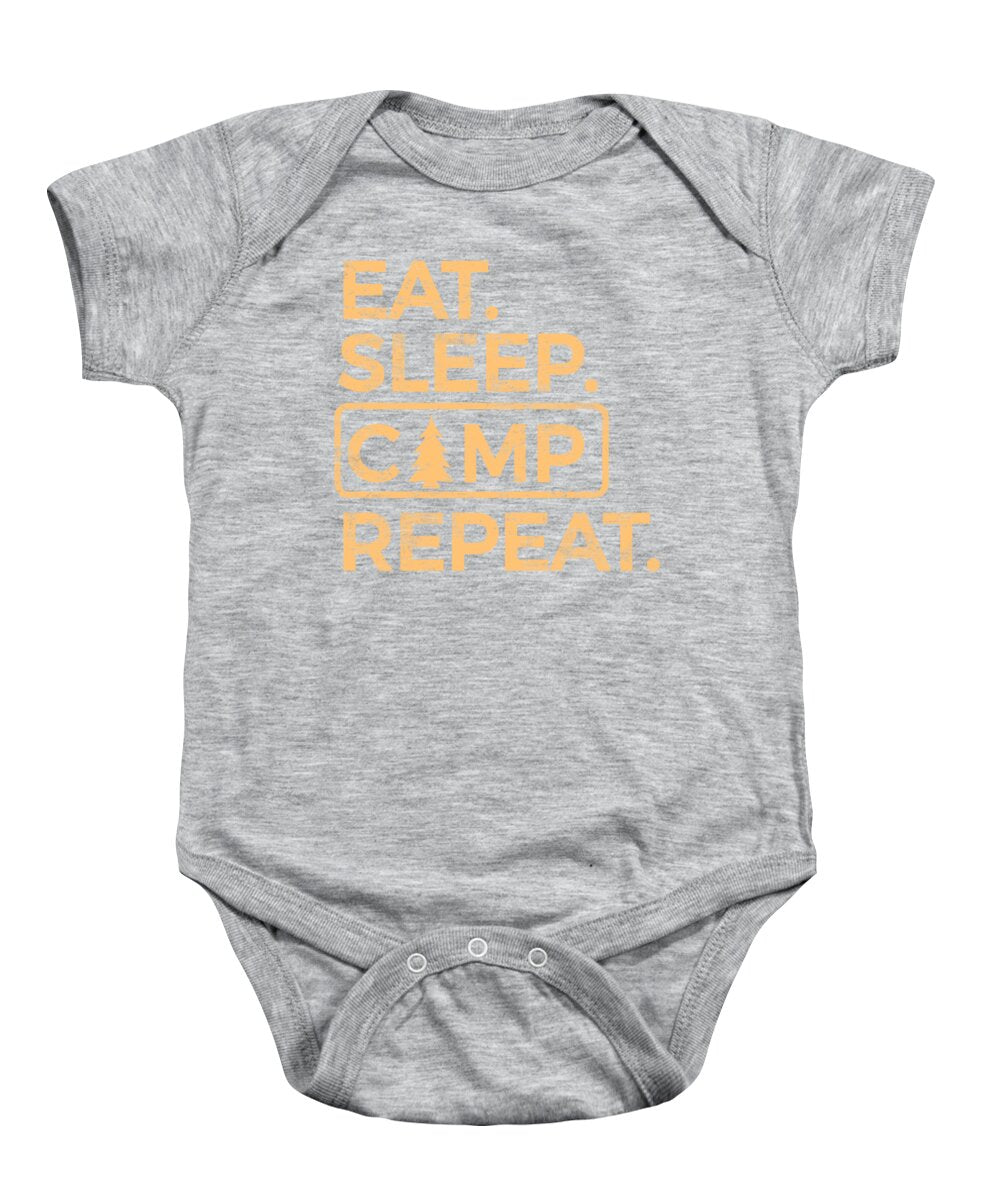 Heather gray baby onesie with camp graphic text