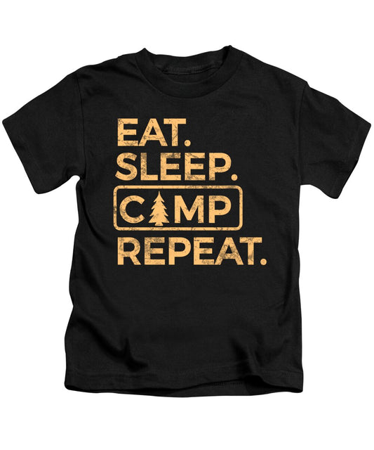 Kids T-shirt in black with “EAT. SLEEP. CAMP REPEAT.” front graphic.