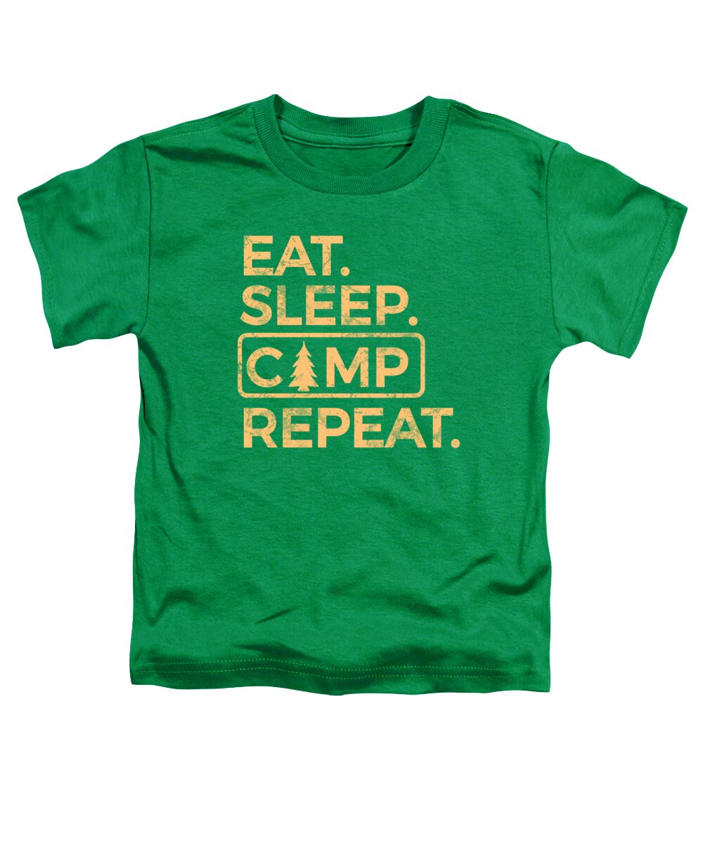 Green toddler T-shirt with orange “EAT SLEEP CAMP REPEAT” graphic print