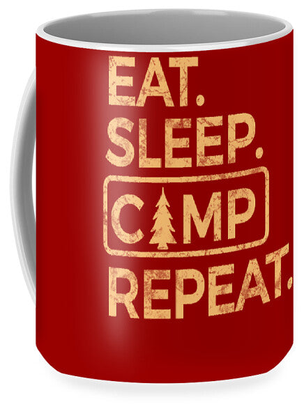 Red ceramic mug with gold logo-style “EAT. SLEEP. CAMP REPEAT.” text