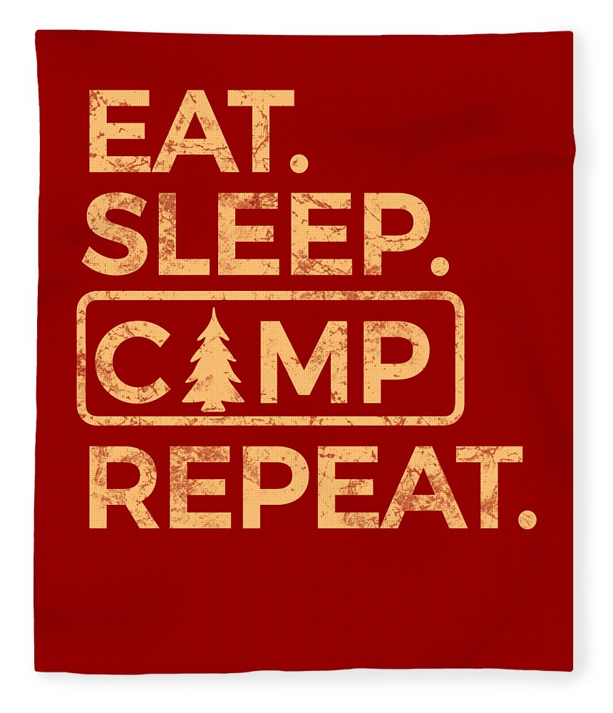 Red blanket with gold “EAT. SLEEP CAMP REPEAT.” graphic print.