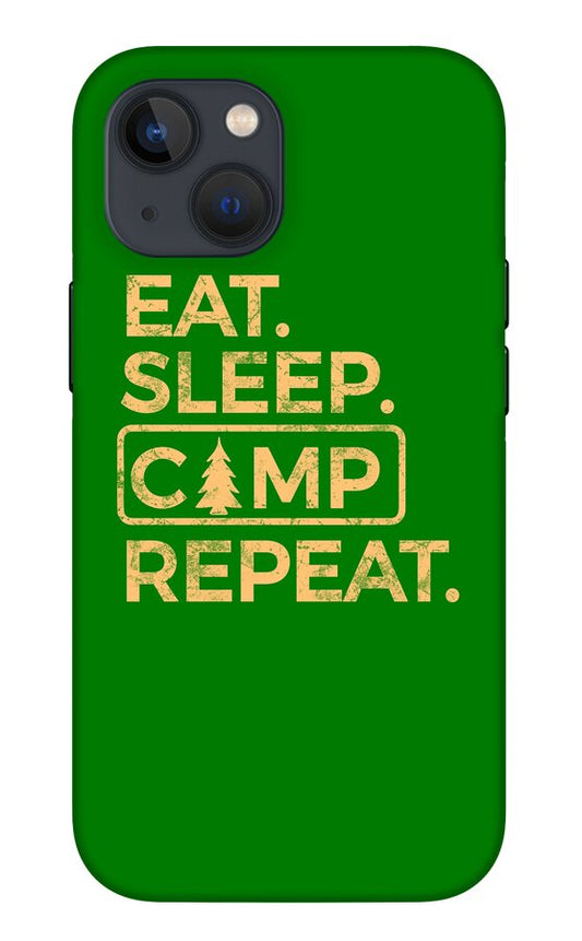 Green phone case with "EAT. SLEEP. CAMP REPEAT." and pine tree emblem, dual camera cutouts