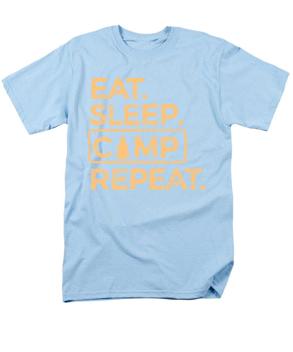 Men's light blue crew-neck T-shirt with Eat Sleep Camp Repeat graphic print.