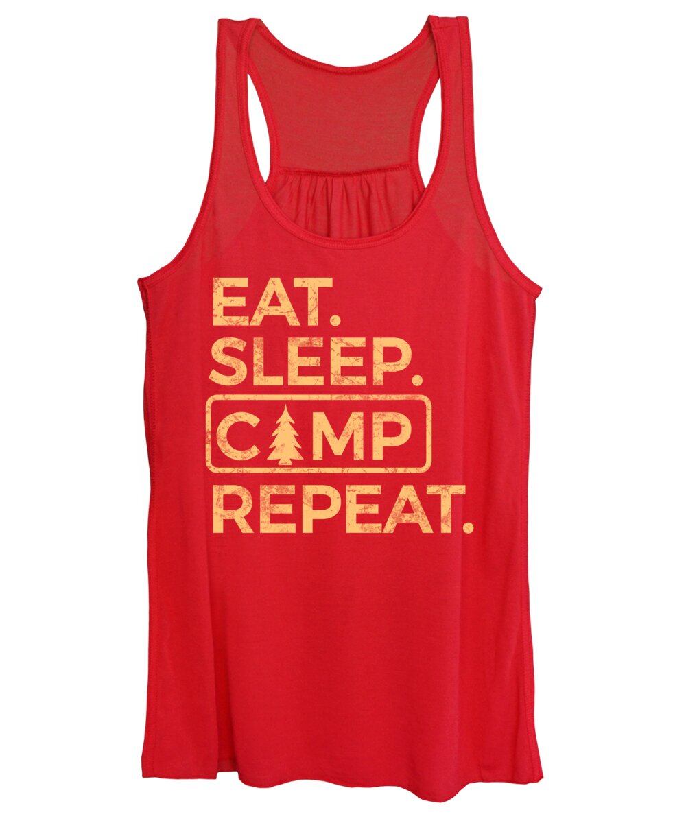 Red women’s tank top with scoop neck and “Eat Sleep Camp Repeat” graphic print