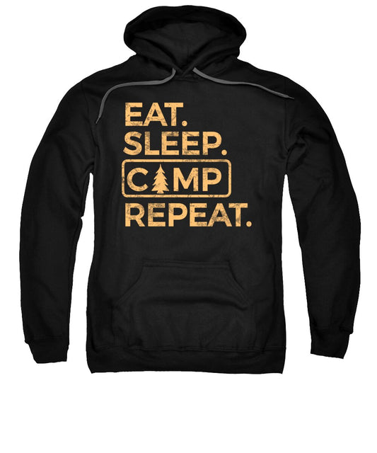 Black pullover hoodie with front 'EAT SLEEP CAMP REPEAT' graphic