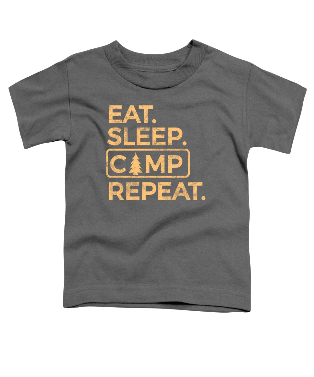 Charcoal gray toddler T-shirt with orange “EAT SLEEP CAMP REPEAT” graphic