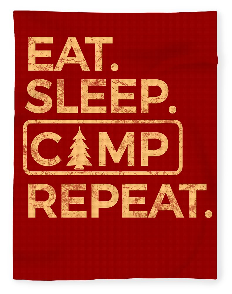 Red blanket with gold “EAT. SLEEP CAMP REPEAT.” text and tree emblem.
