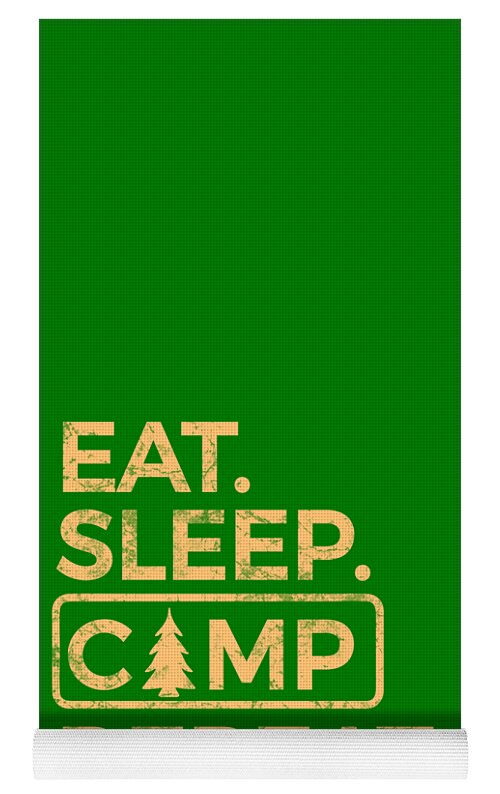 Green yoga mat with "EAT. SLEEP. CAMP REPEAT." text and folded bottom edge