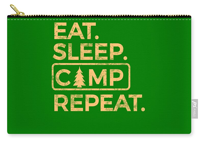 Green zip pouch with gold zipper and camp slogan graphic; tree in frame