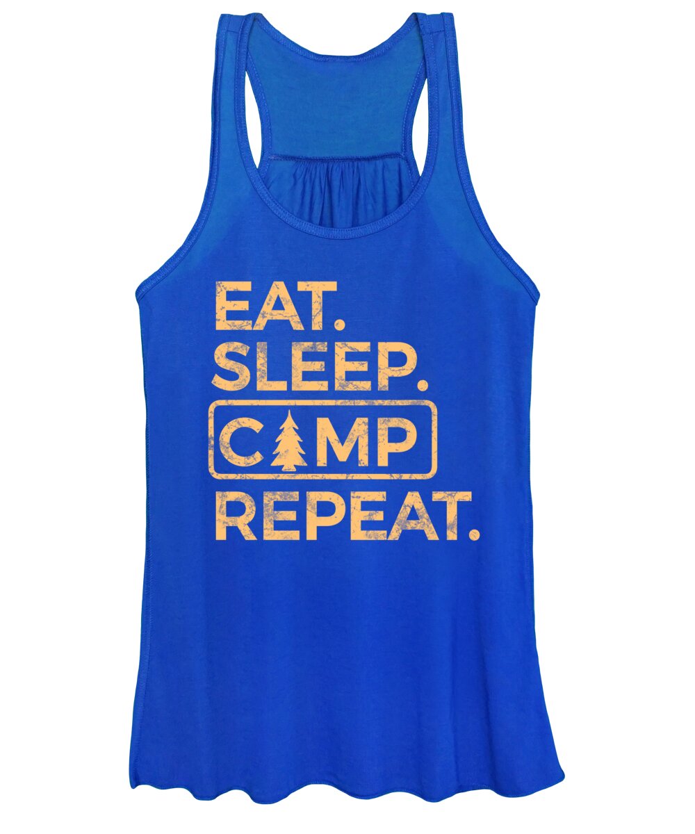 Royal blue women’s tank top with scoop neck and “Eat Sleep Camp Repeat” graphic print