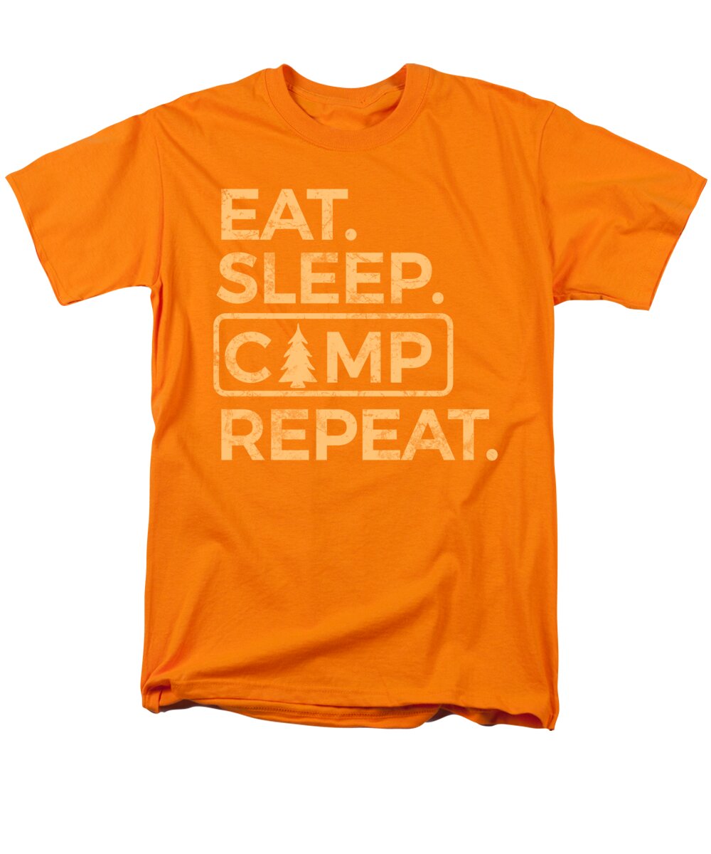 Men's orange crew-neck T-shirt with Eat Sleep Camp Repeat graphic print.