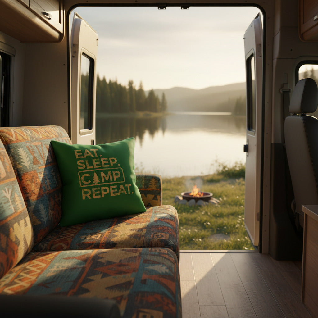 Green throw pillow with camping slogan “EAT SLEEP CAMP REPEAT” on a sofa inside a van