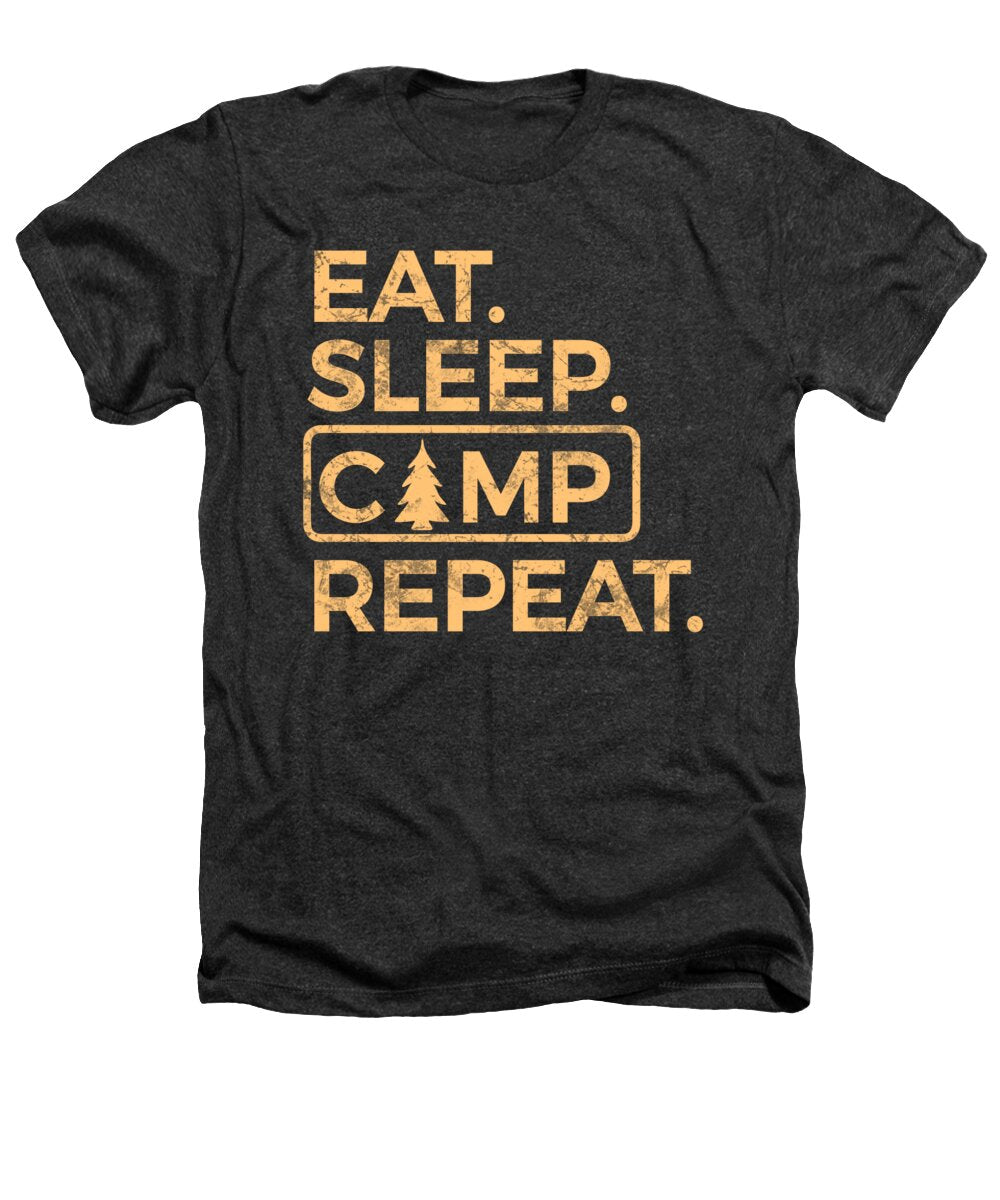 Charcoal heather crewneck t-shirt with camping slogan graphic front.