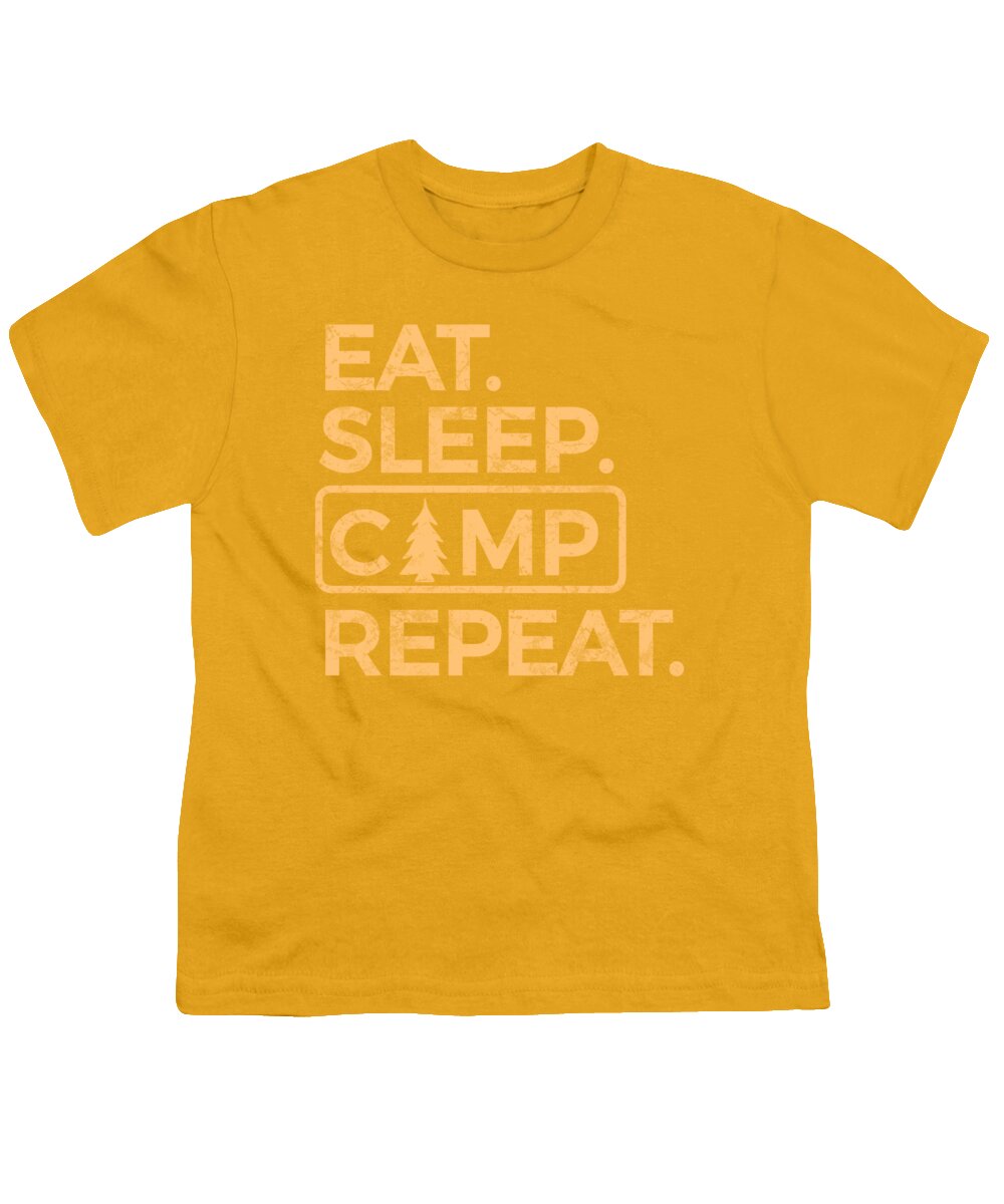 Youth graphic T-shirt in yellow with "Eat Sleep Camp Repeat" logo print