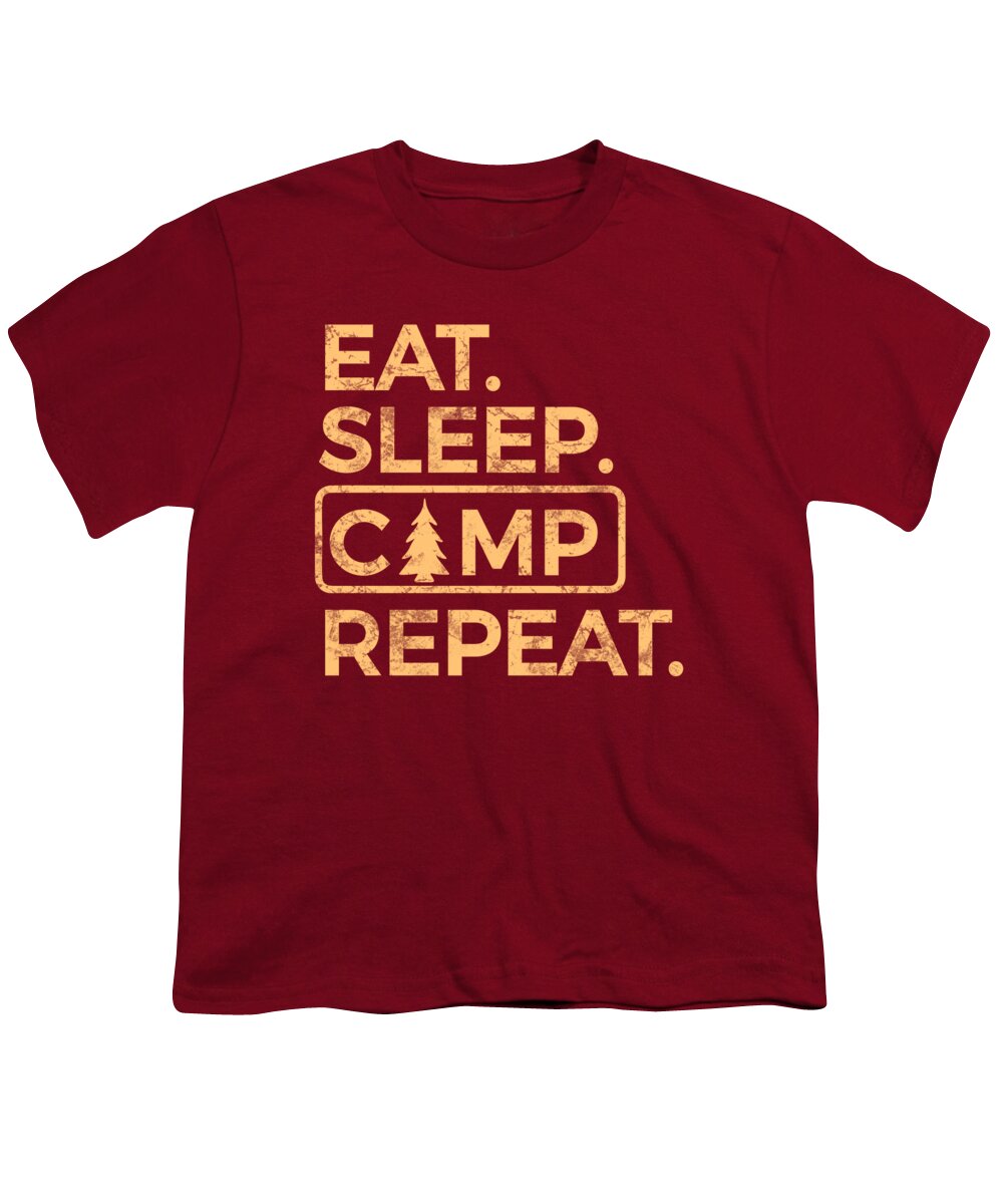 Youth graphic T-shirt in red with "Eat Sleep Camp Repeat" logo print