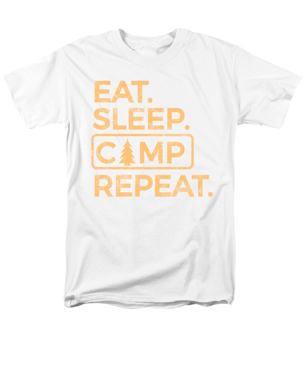 Men's white crew-neck T-shirt with Eat Sleep Camp Repeat graphic print.