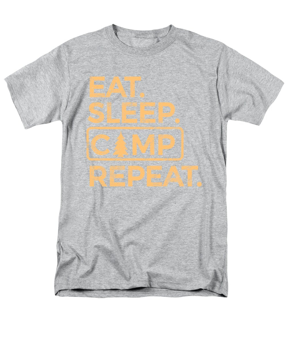 Men's heather gray T-shirt with “EAT SLEEP CAMP REPEAT” graphic on the front