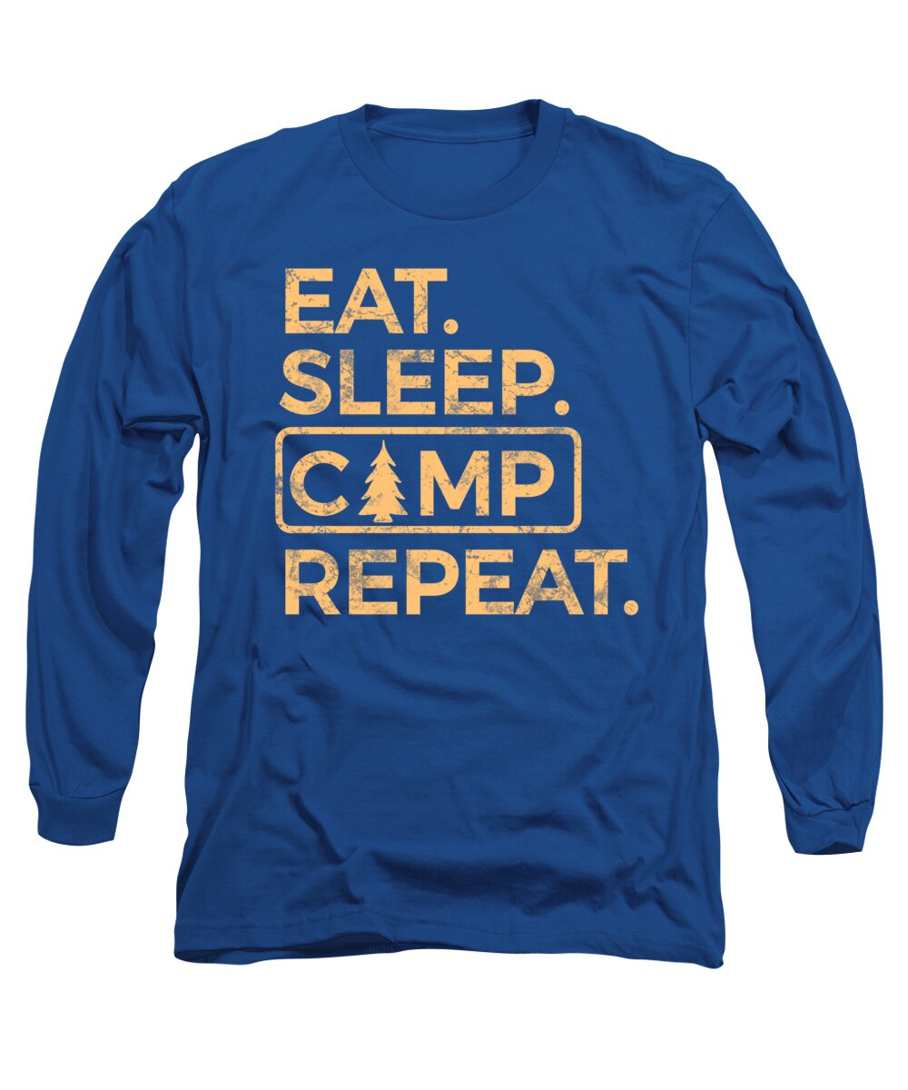 Royal blue long-sleeve T-shirt with 'EAT SLEEP CAMP REPEAT' logo graphic in orange and cream.