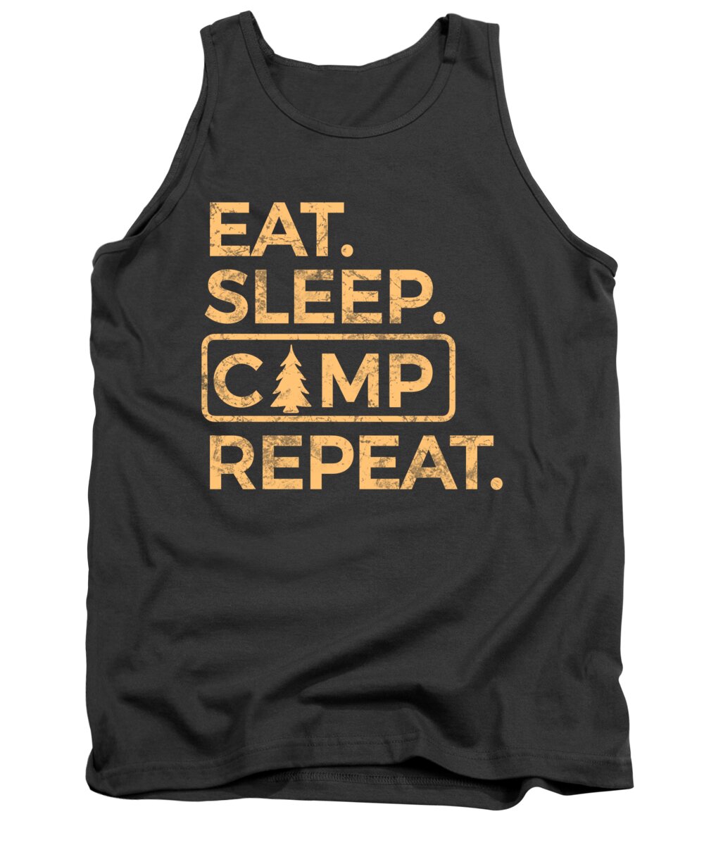 Charcoal tank top with front “EAT SLEEP CAMP REPEAT” graphic