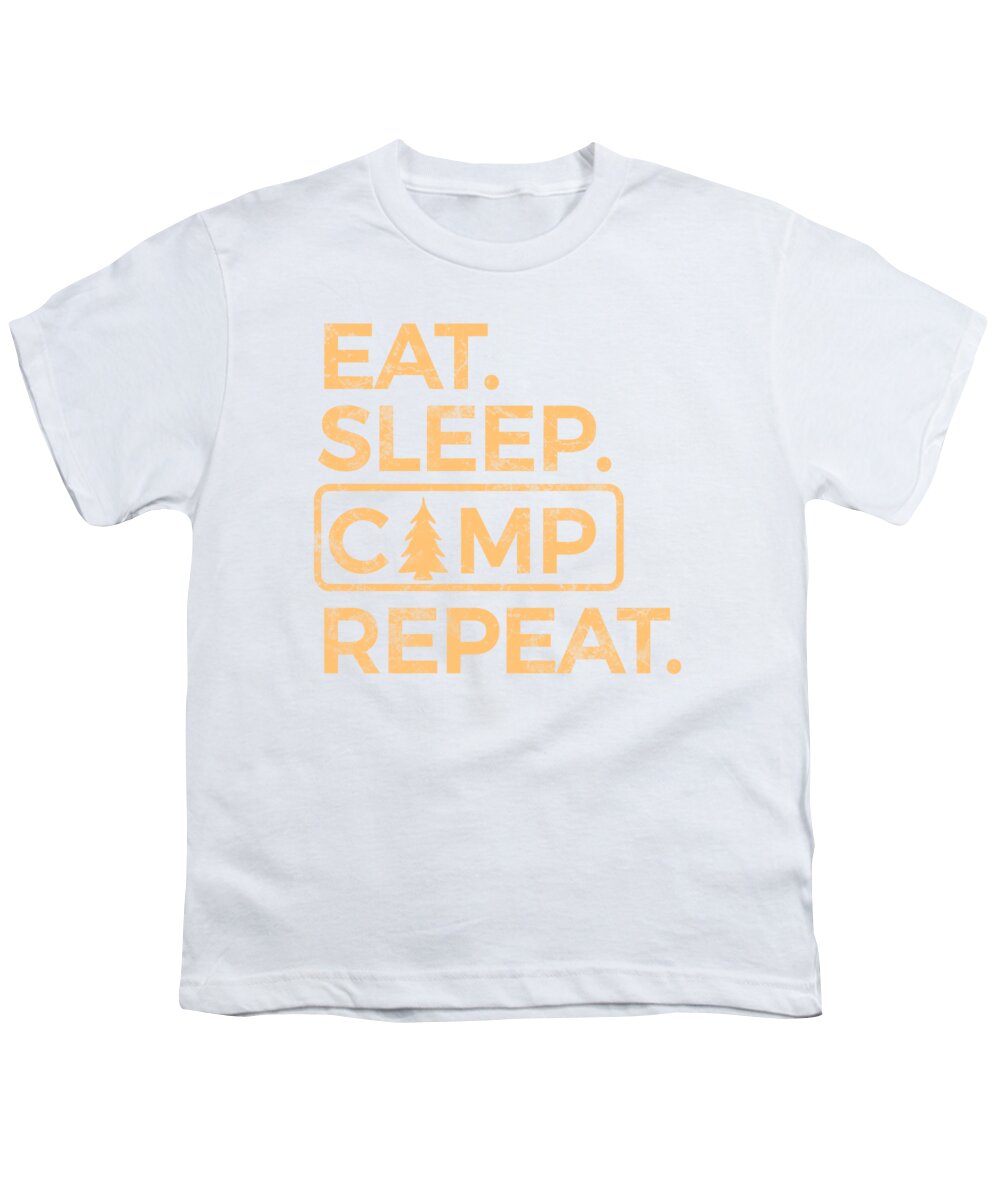 Youth T-shirt, white, front graphic text “EAT SLEEP CAMP REPEAT” in multicolor