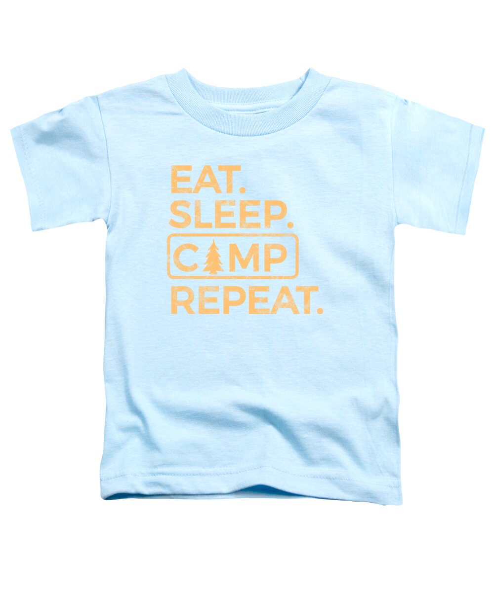 Light blue toddler T-shirt with orange “EAT SLEEP CAMP REPEAT” graphic print