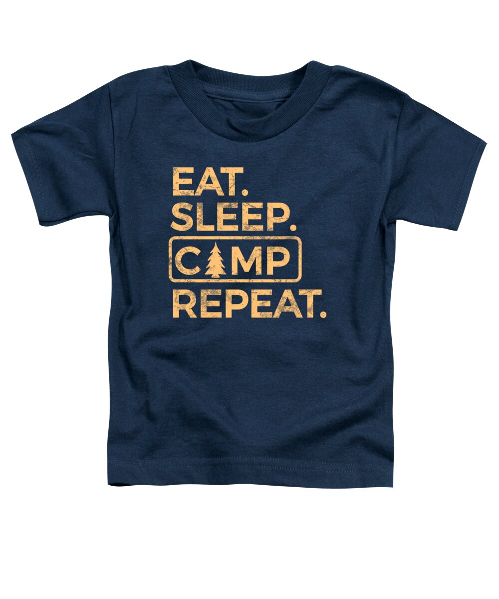 Navy toddler T-shirt with orange “EAT SLEEP CAMP REPEAT” graphic print