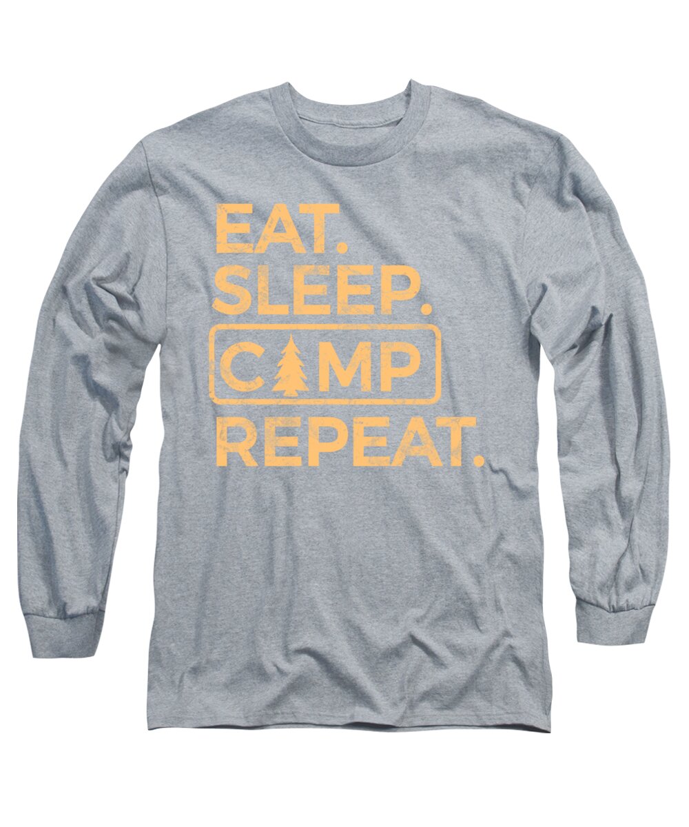 Heather gray long-sleeve T-shirt with 'EAT SLEEP CAMP REPEAT' logo graphic in orange and cream.