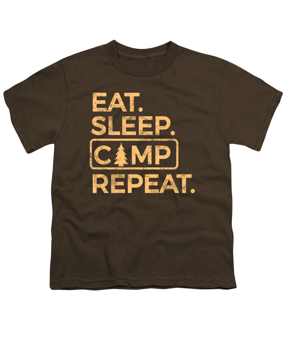 Youth graphic T-shirt in brown with "Eat Sleep Camp Repeat" logo print