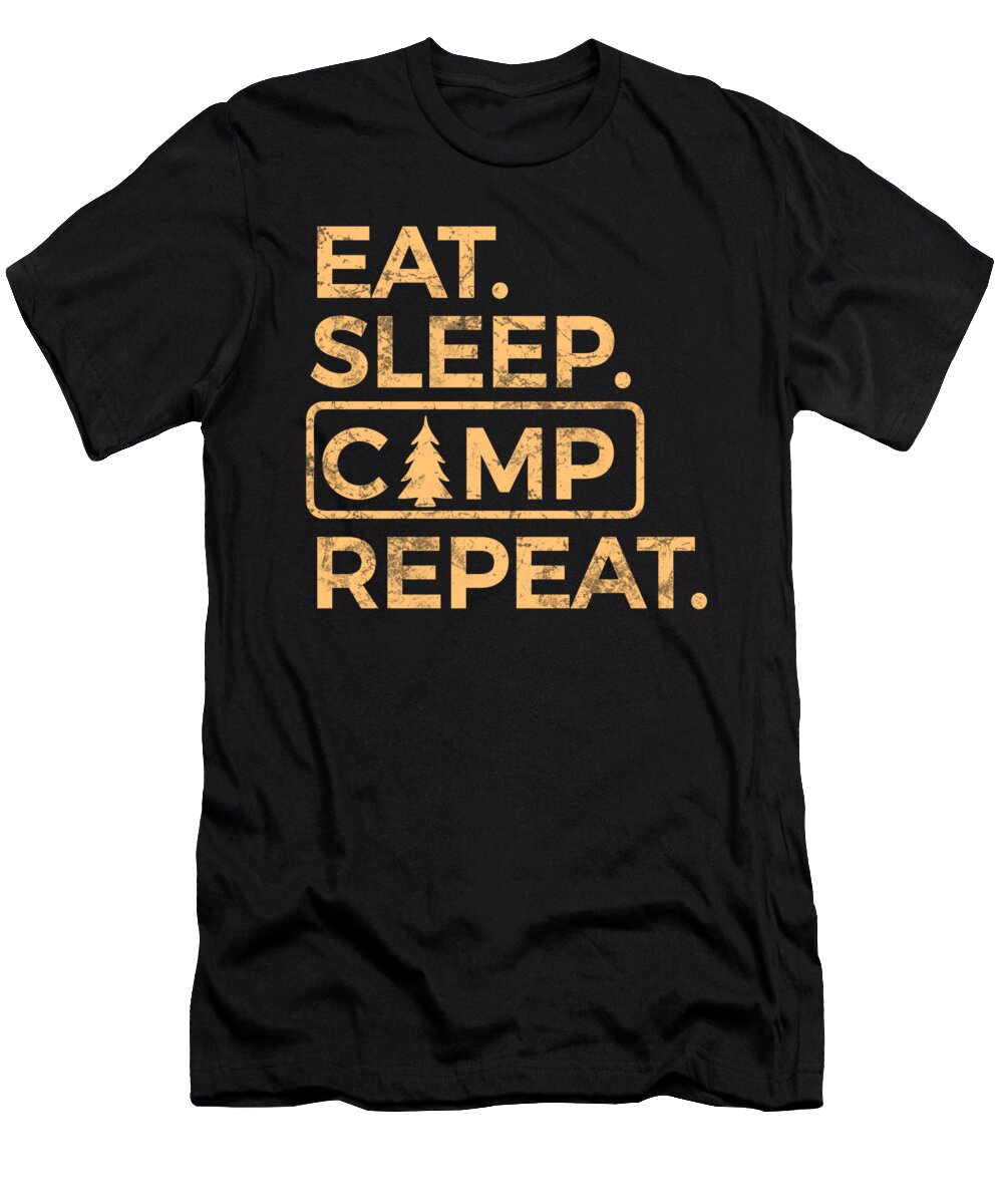 Black camp slogan graphic T-shirt with tree and tent icon on front