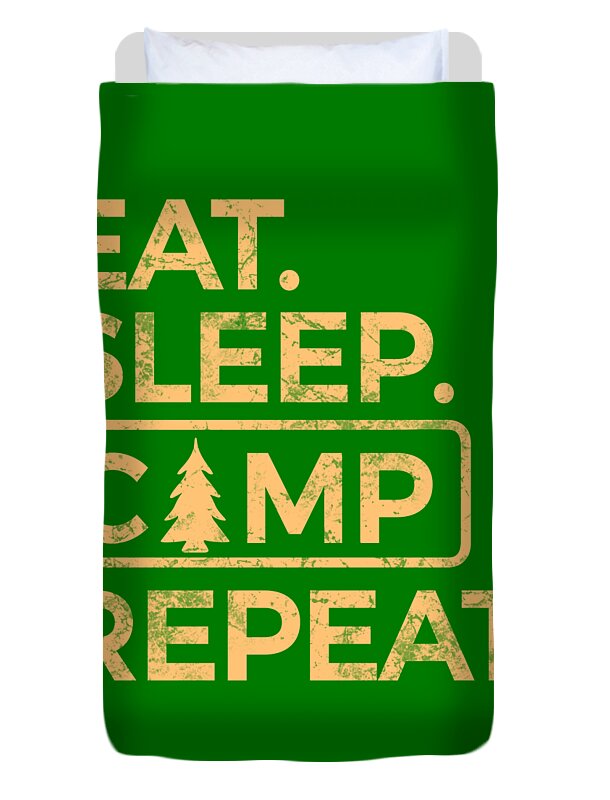 Green duvet cover with partial Eat Sleep Camp Repeat text and tree icon