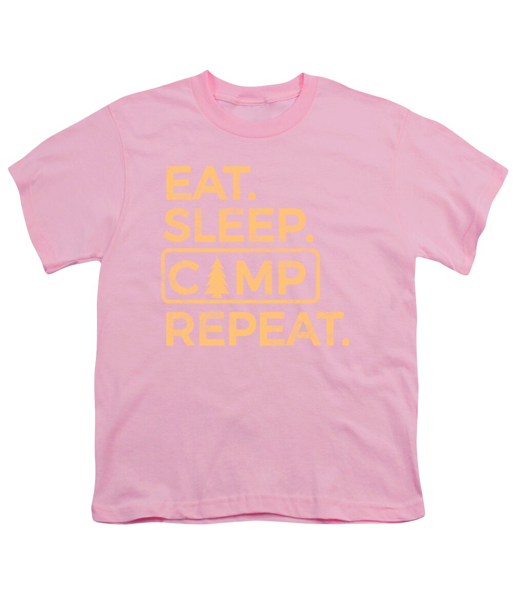 Youth T-shirt, pink, front graphic text “EAT SLEEP CAMP REPEAT” in multicolor