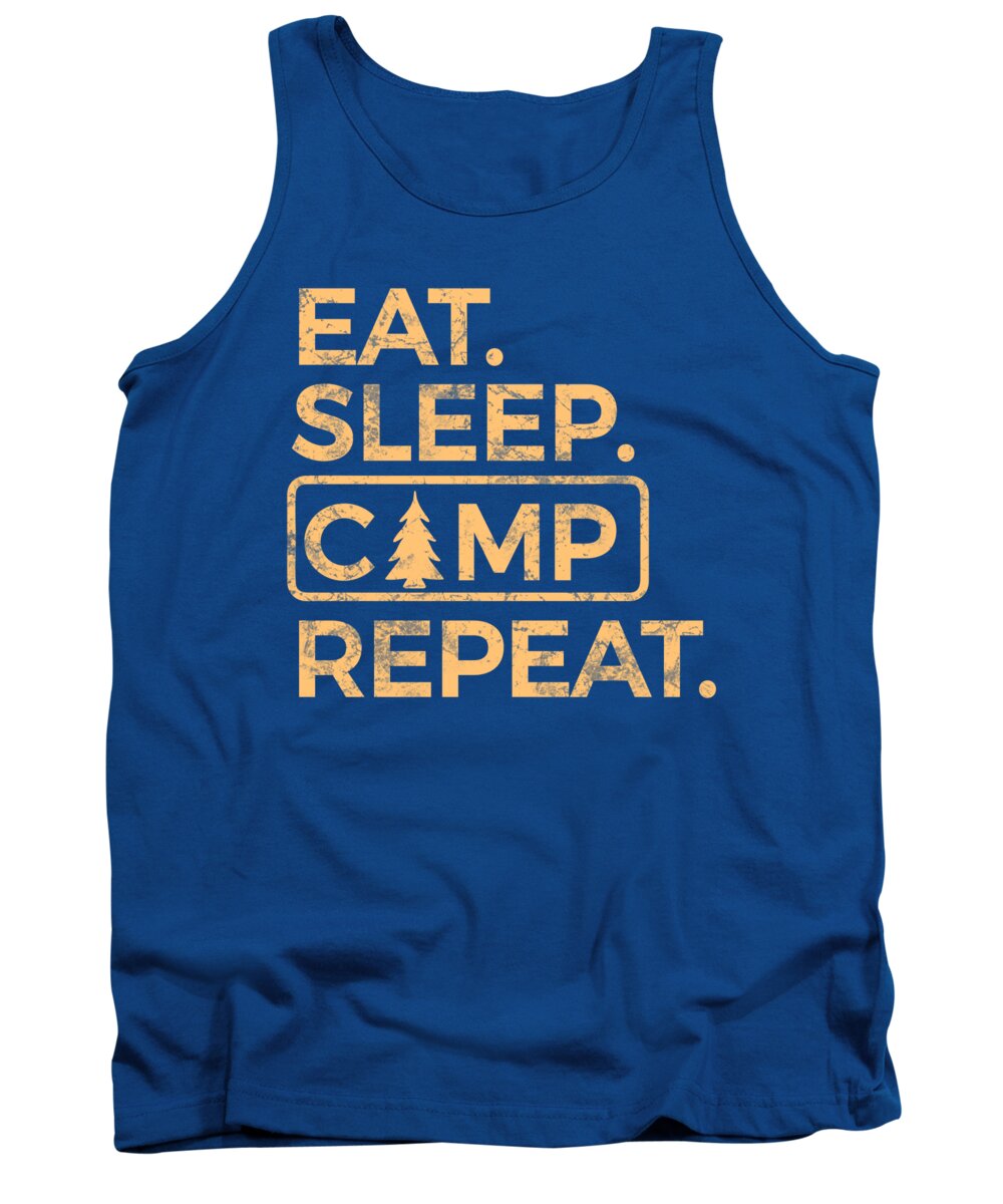 Royal blue tank top with front “EAT SLEEP CAMP REPEAT” graphic