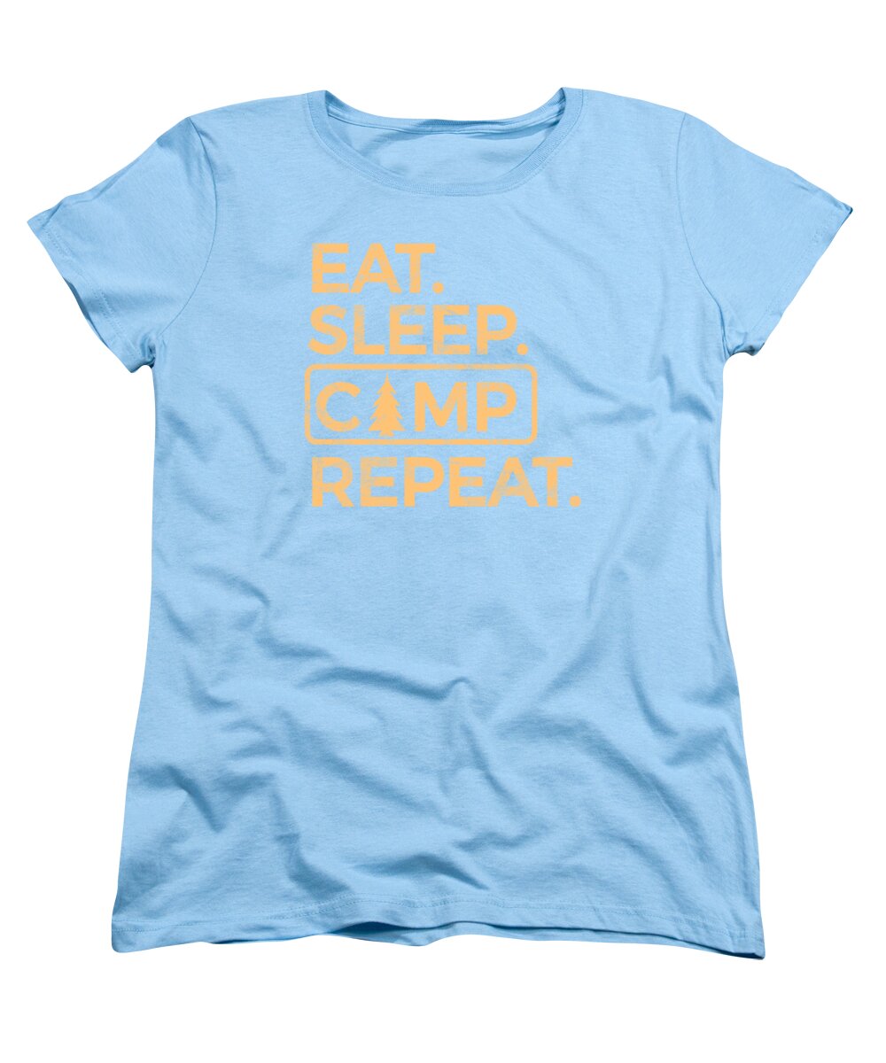 Light blue women’s crew-neck T-shirt with “EAT SLEEP CAMP REPEAT” front graphic.