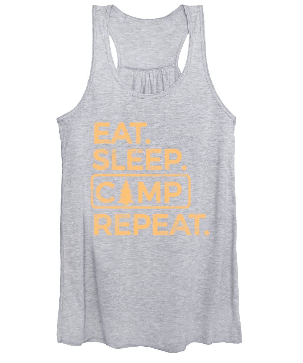 Light gray women’s tank top with scoop neck and “Eat Sleep Camp Repeat” graphic print