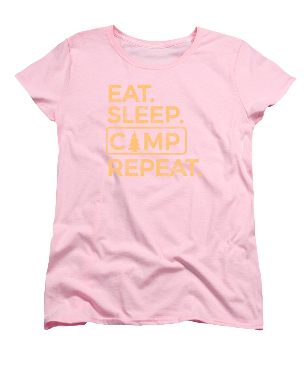 Pink women’s crew-neck T-shirt with “EAT SLEEP CAMP REPEAT” front graphic.