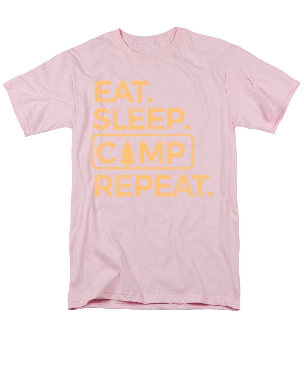 Men's pink crew-neck T-shirt with Eat Sleep Camp Repeat graphic print.