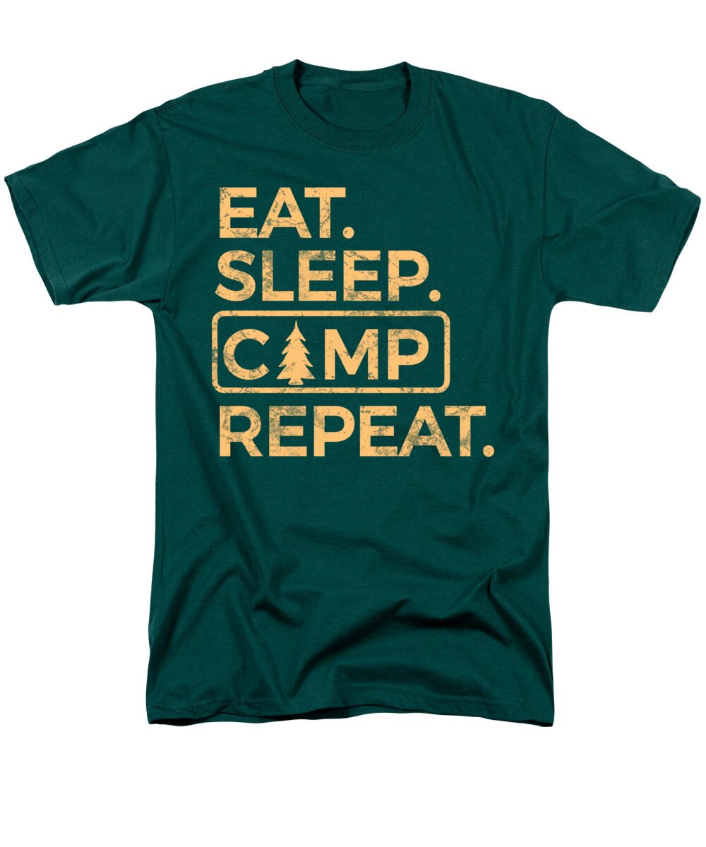 Men's dark green T-shirt with “EAT SLEEP CAMP REPEAT” graphic on the front