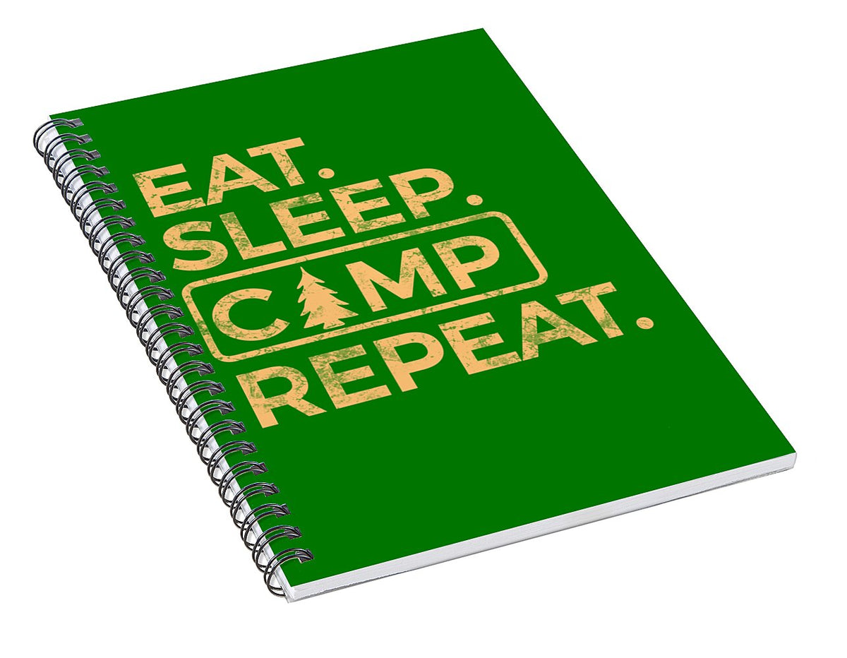 Green spiral notebook with diagonal Eat Sleep Camp Repeat lettering and logo