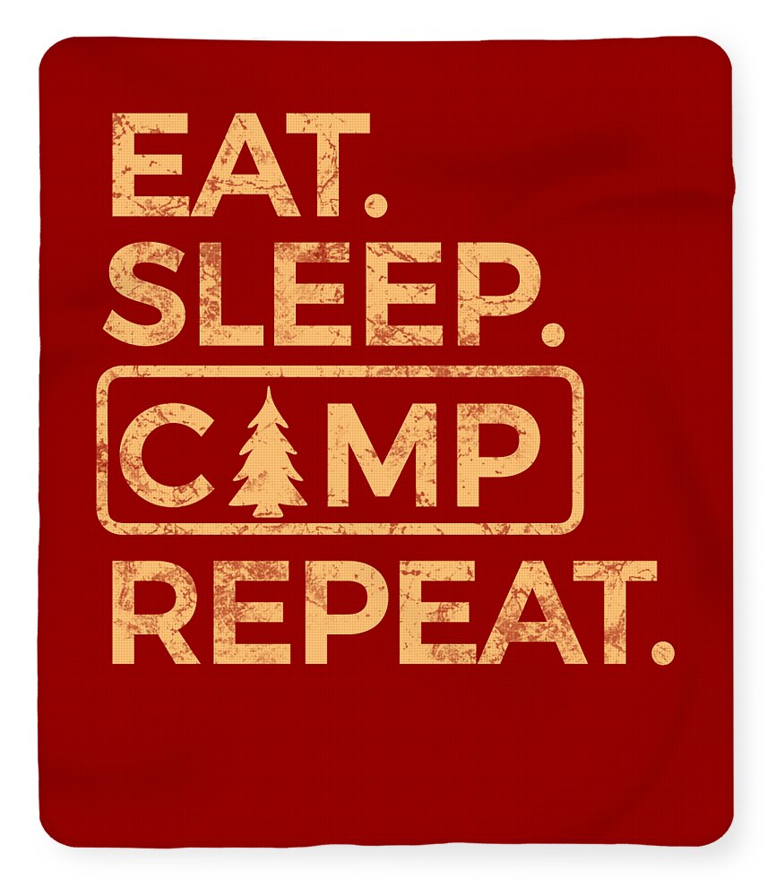 Red camp slogan blanket with gold “EAT. SLEEP CAMP REPEAT.” lettering.