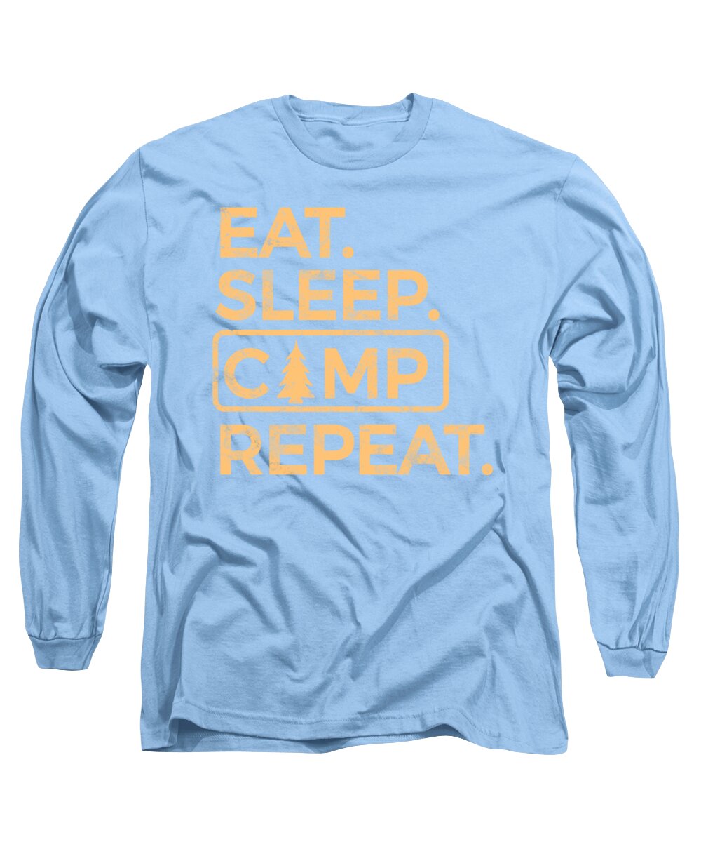 Light blue long-sleeve T-shirt with 'EAT SLEEP CAMP REPEAT' logo graphic in orange and cream.