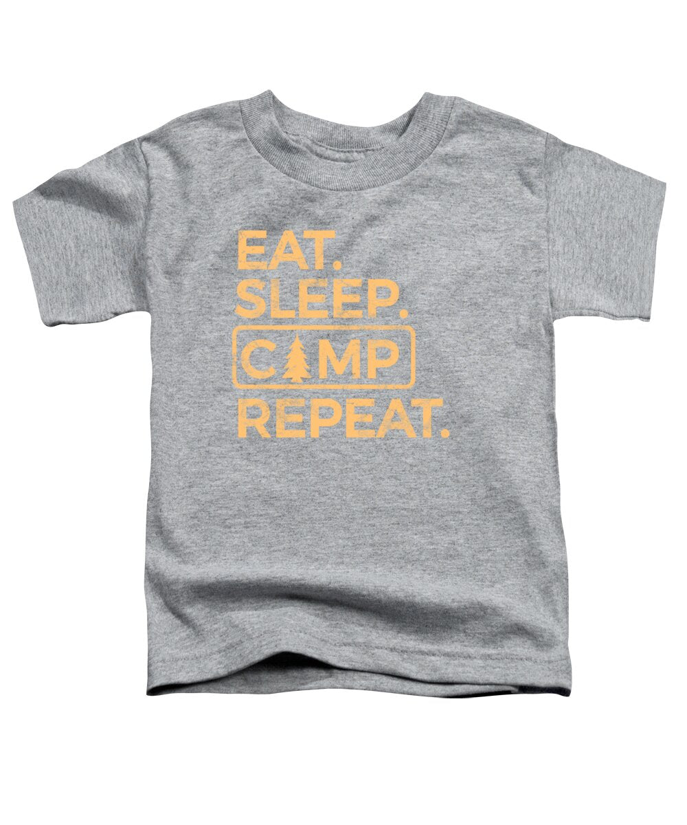Gray heather toddler T-shirt with orange “EAT SLEEP CAMP REPEAT” graphic