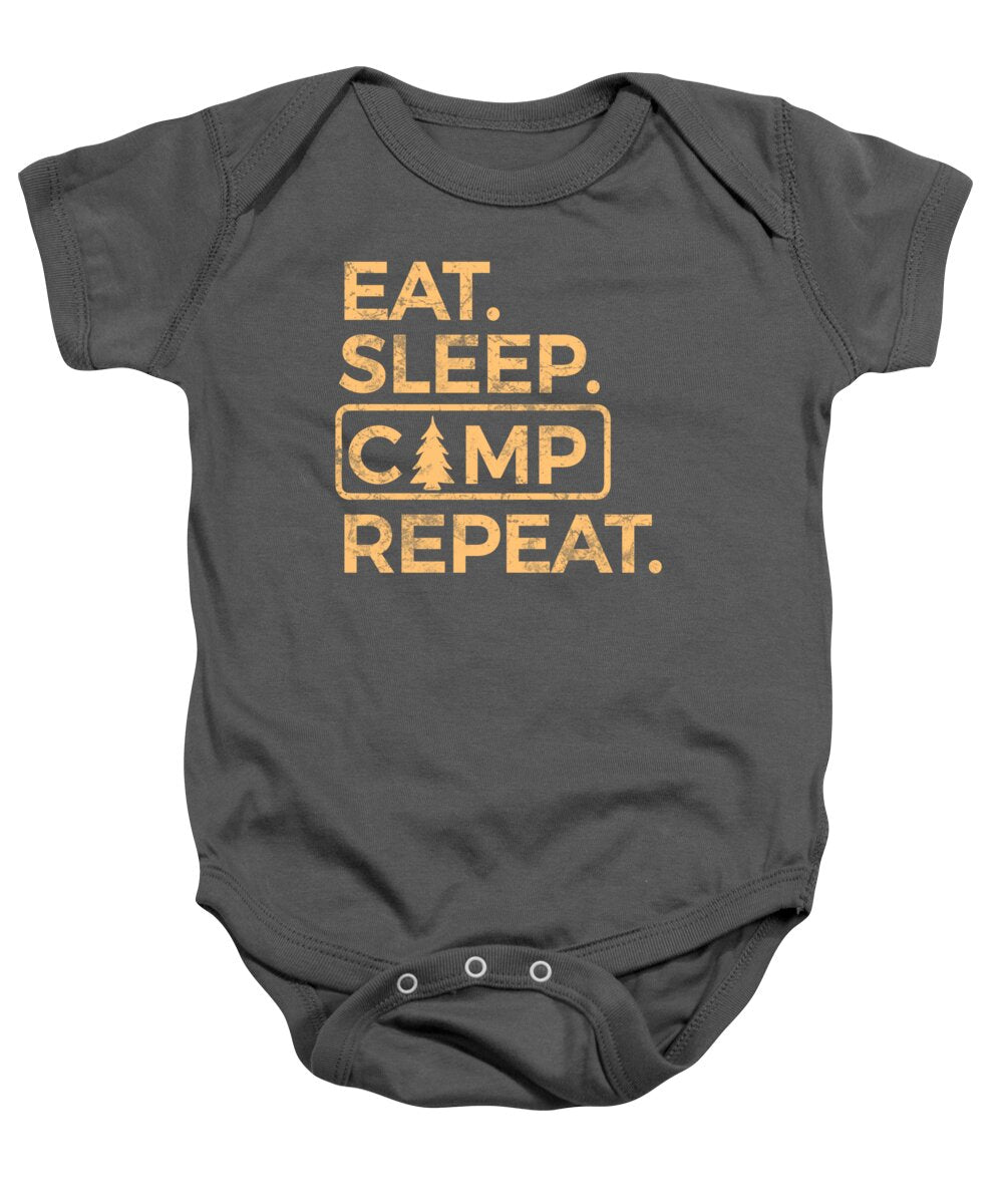 Charcoal baby onesie with camp graphic text