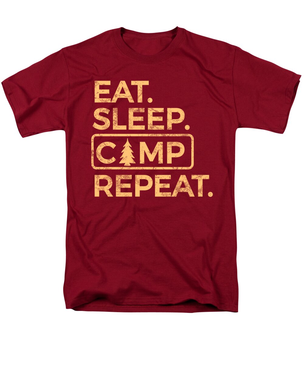 Men's red T-shirt with “EAT SLEEP CAMP REPEAT” graphic on the front