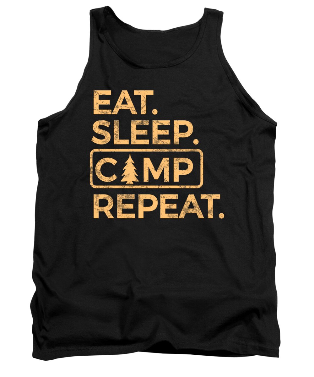 Black tank top with front “EAT SLEEP CAMP REPEAT” graphic
