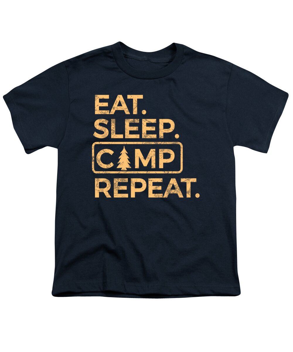 Youth T-shirt, dark navy/black, front graphic text “EAT SLEEP CAMP REPEAT” in multicolor