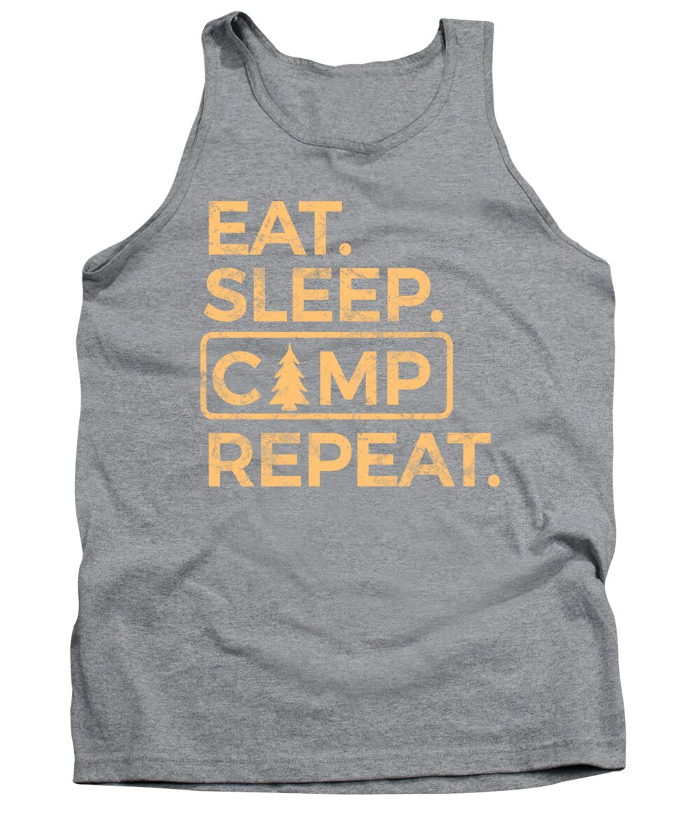 Heather gray tank top with front “EAT SLEEP CAMP REPEAT” graphic